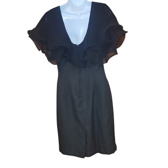 vntg 80s Climax Karen Okada Black dress "V" Shear Top Sz 10 Ruffles And Flare - Picture 3 of 4